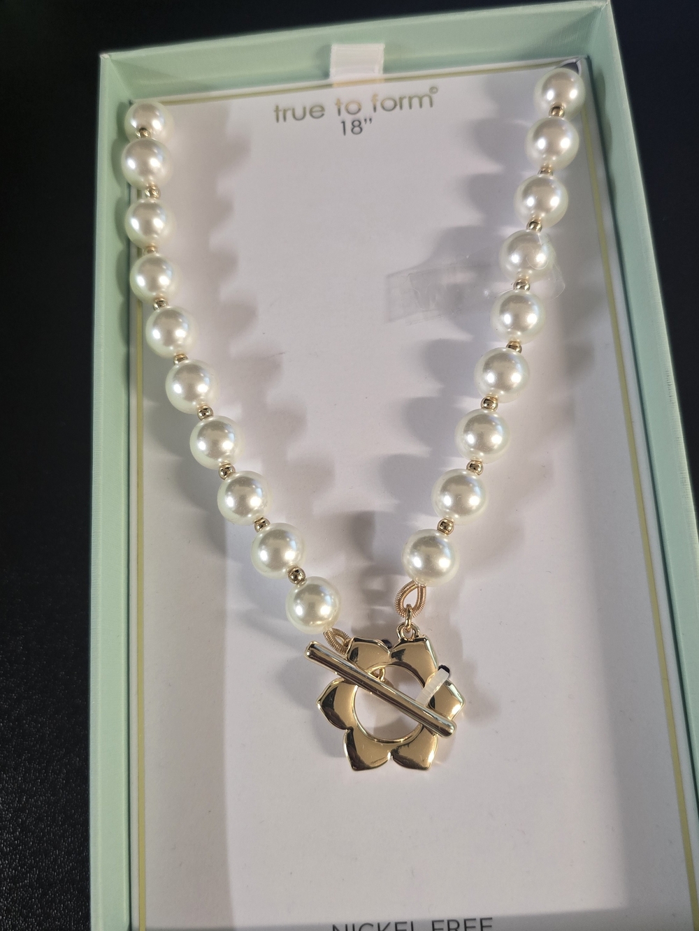 NWT True To Form 18" Pearl Necklace Gold Flower Toggle Clasp Faux Pearls